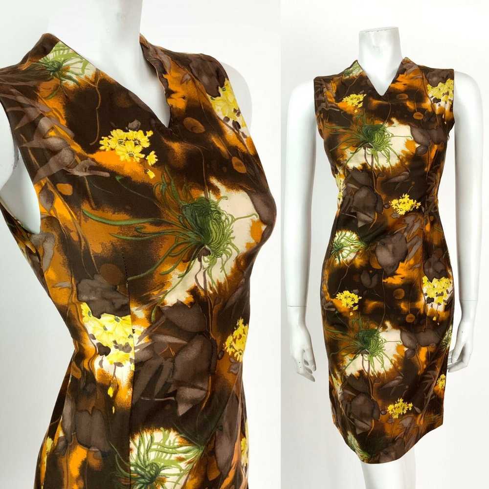 VINTAGE 60s 70s BROWN ORANGE YELLOW GREEN FLORAL … - image 1