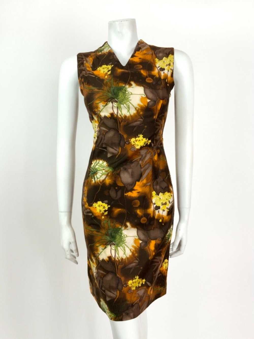 VINTAGE 60s 70s BROWN ORANGE YELLOW GREEN FLORAL … - image 2