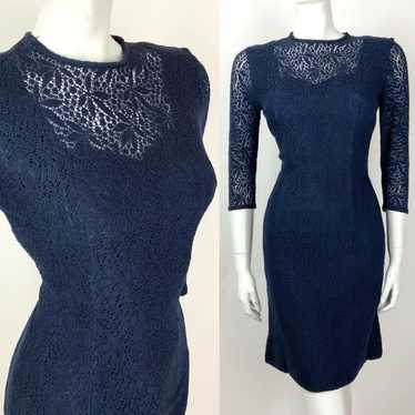 VINTAGE 60s 70s NAVY BLUE FLORAL LACE MOD PENCIL … - image 1