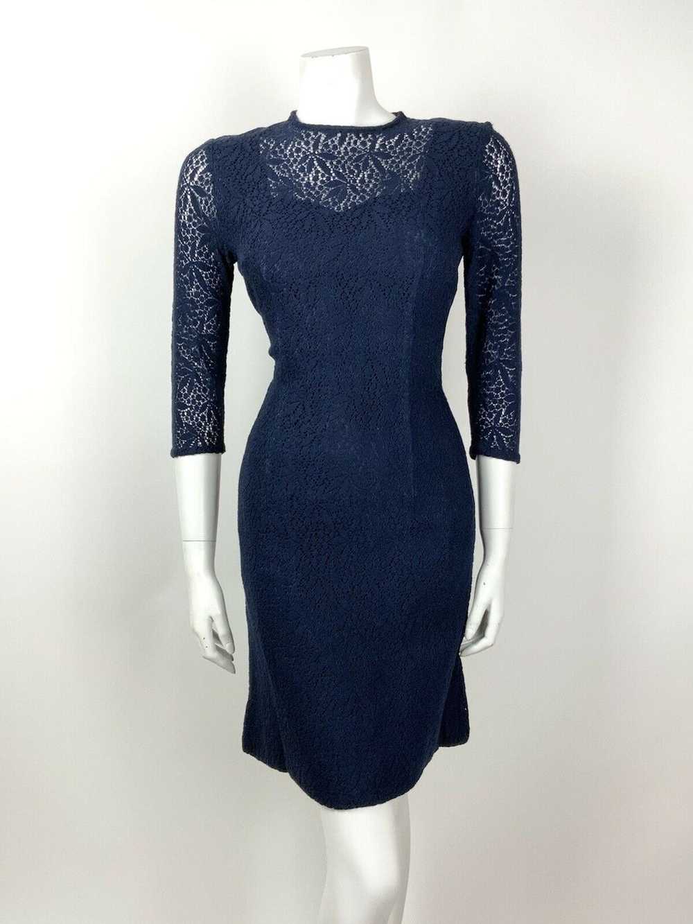 VINTAGE 60s 70s NAVY BLUE FLORAL LACE MOD PENCIL … - image 2