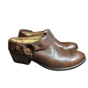 Frye Carson brown leather heeled harness clogs mul