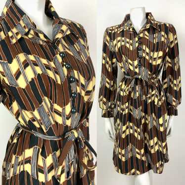 VINTAGE 60s 70s BROWN YELLOW BLACK ZIG-ZAG GEOMET… - image 1