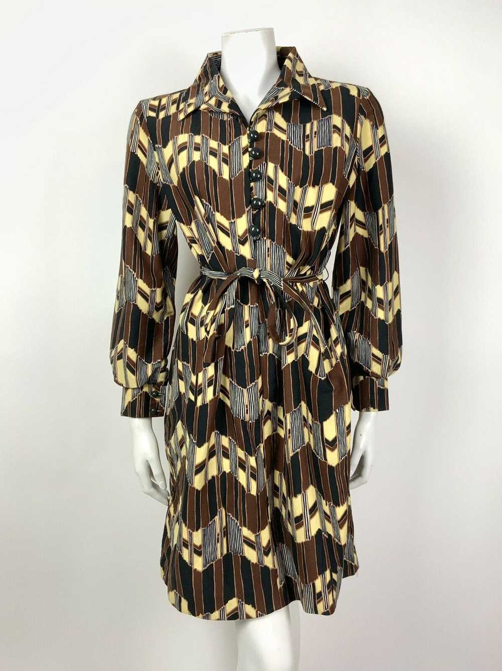 VINTAGE 60s 70s BROWN YELLOW BLACK ZIG-ZAG GEOMET… - image 2