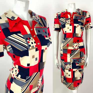 VINTAGE 60s 70s CREAM RED BLUE BROWN GEOMETRIC MO… - image 1