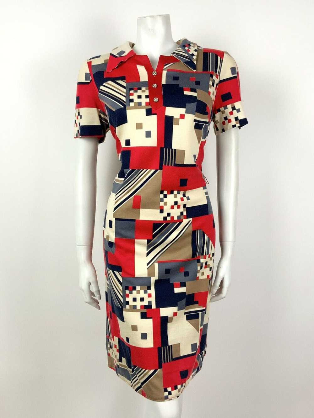 VINTAGE 60s 70s CREAM RED BLUE BROWN GEOMETRIC MO… - image 2