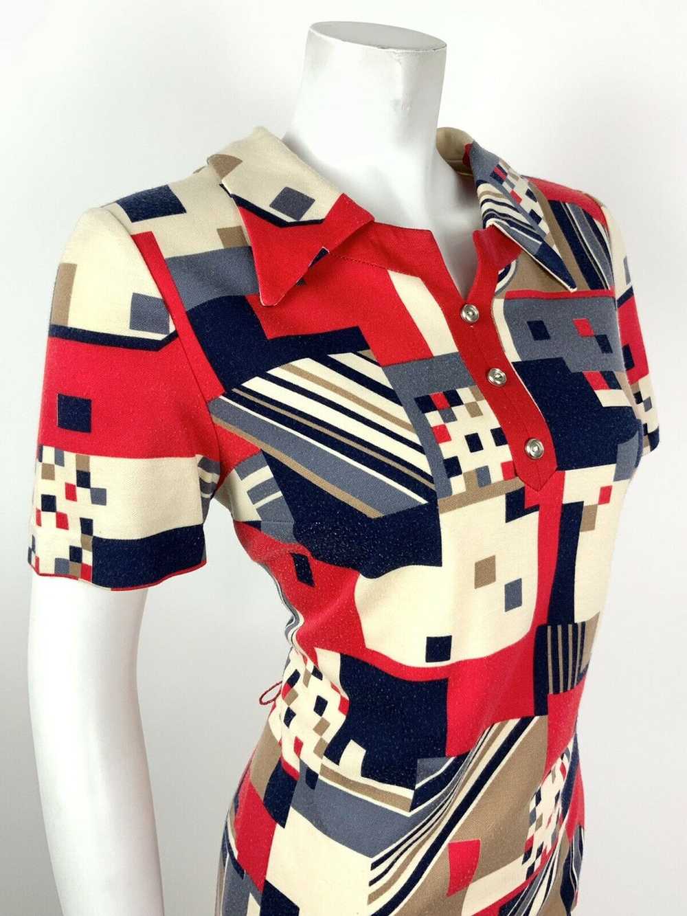 VINTAGE 60s 70s CREAM RED BLUE BROWN GEOMETRIC MO… - image 5