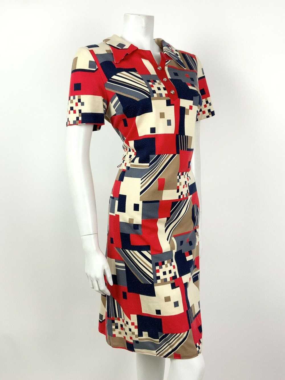 VINTAGE 60s 70s CREAM RED BLUE BROWN GEOMETRIC MO… - image 6