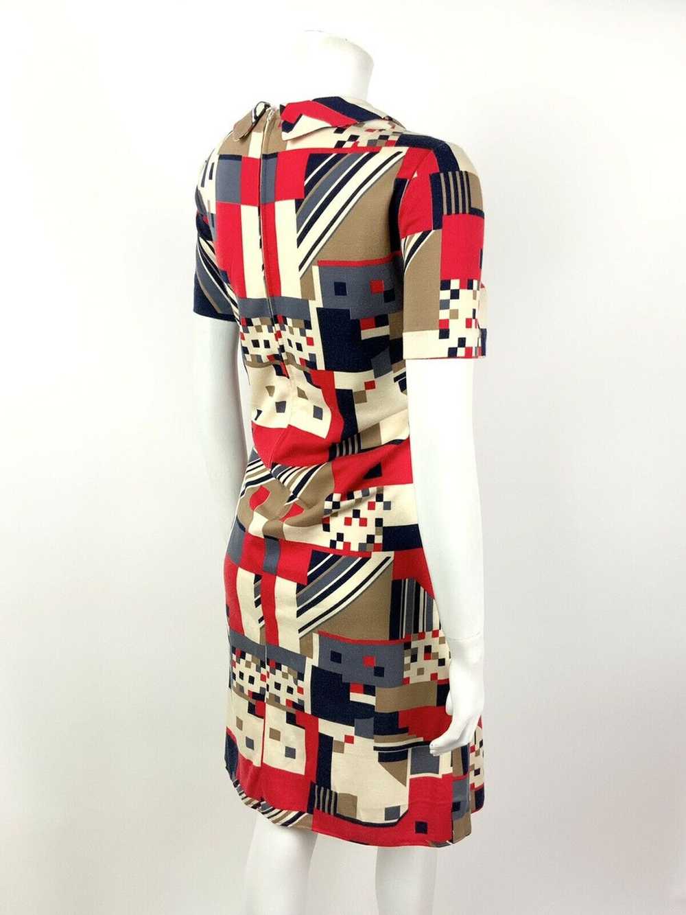 VINTAGE 60s 70s CREAM RED BLUE BROWN GEOMETRIC MO… - image 7