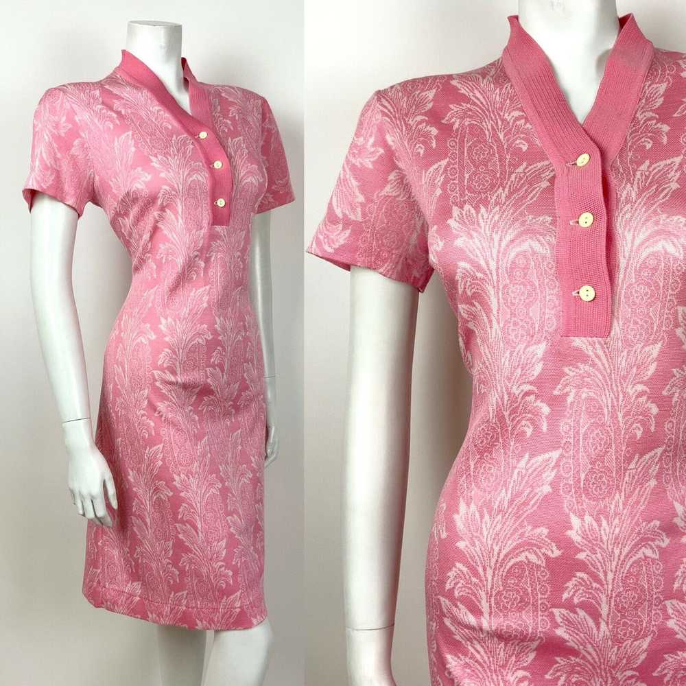 VINTAGE 60s 70s BABY PINK WHITE FLORAL PALM LEAF … - image 1