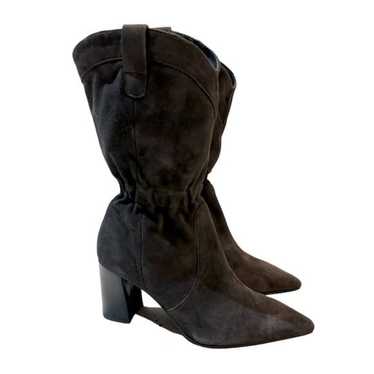 Studio Brown Suede Leather Mid Calf Heeled Boots