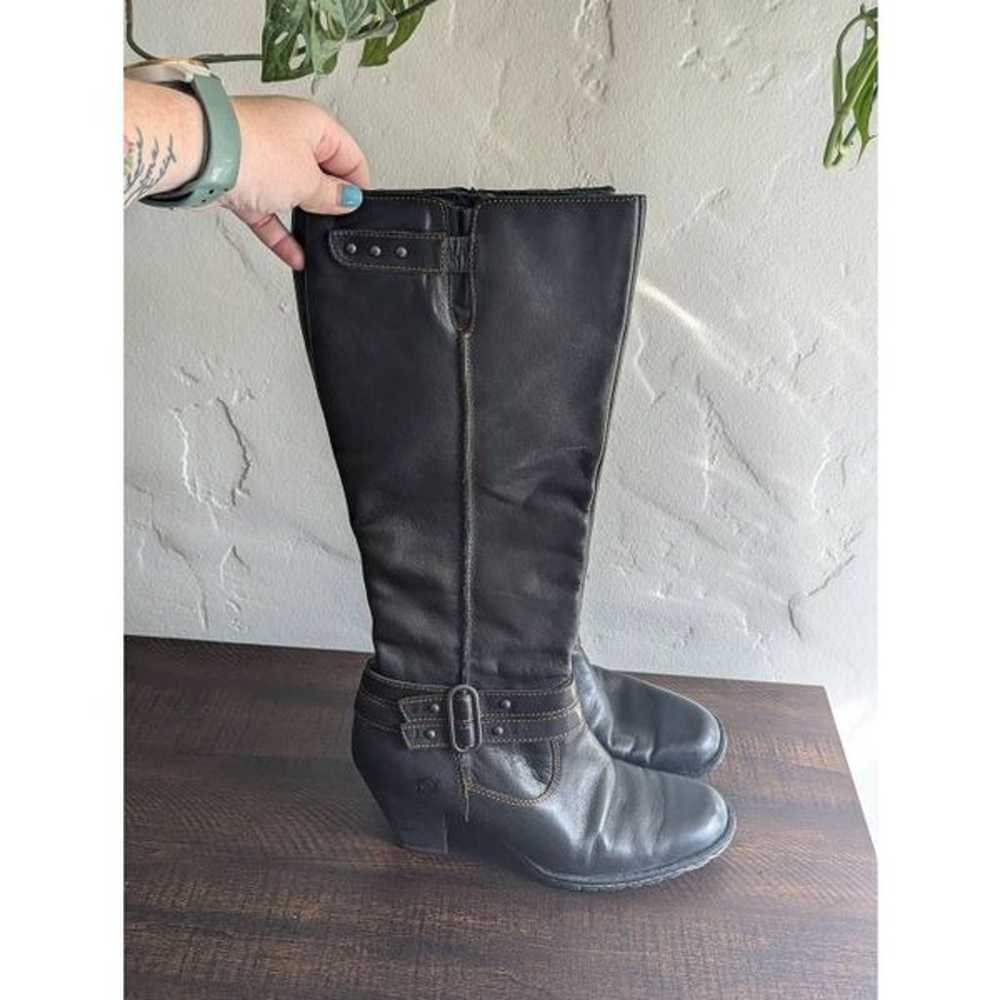 Born Black Leather Knee High Stacked Heeled Boots… - image 1