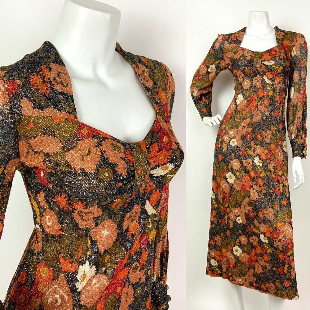 VTG 60s 70s BLACK ORANGE RED GOLD GLITTER LUREX F… - image 1