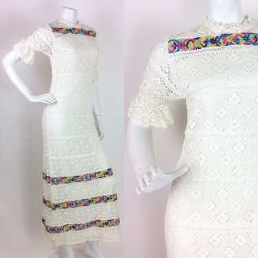 VTG 60S 70S WHITE CREAM EMBROIDERED CROCHET MAXI … - image 1