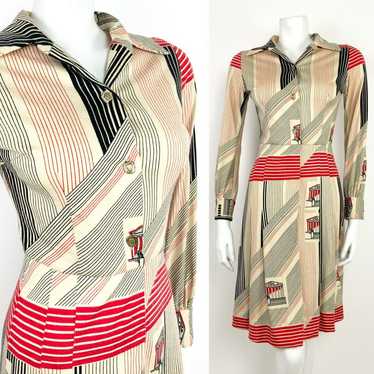 VTG 60s 70s CREAM BLACK RED STRIPED PANTHEON ROMA… - image 1