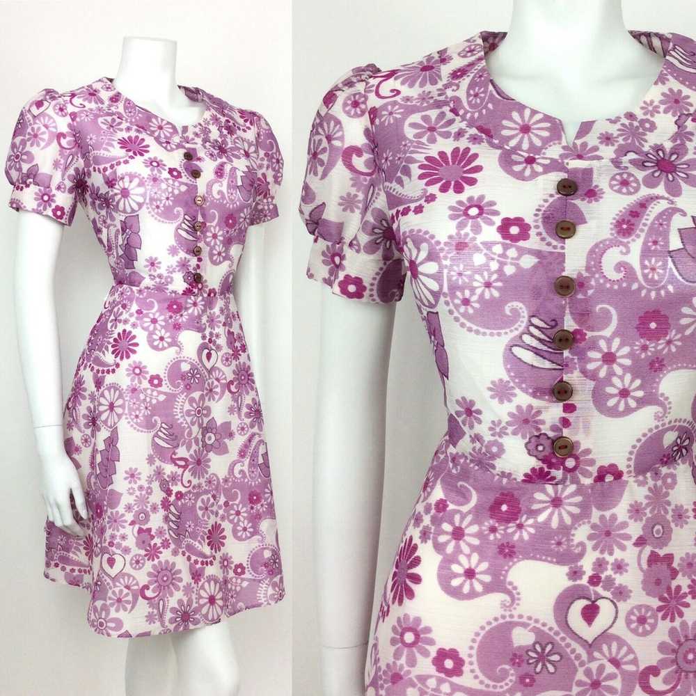 VINTAGE 60s 70s FLORAL PAISLEY PURPLE WHITE LILAC… - image 1