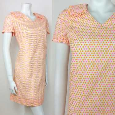 VTG 60s 70s ORANGE PINK WHITE POLKA DOT RUFFLE CO… - image 1