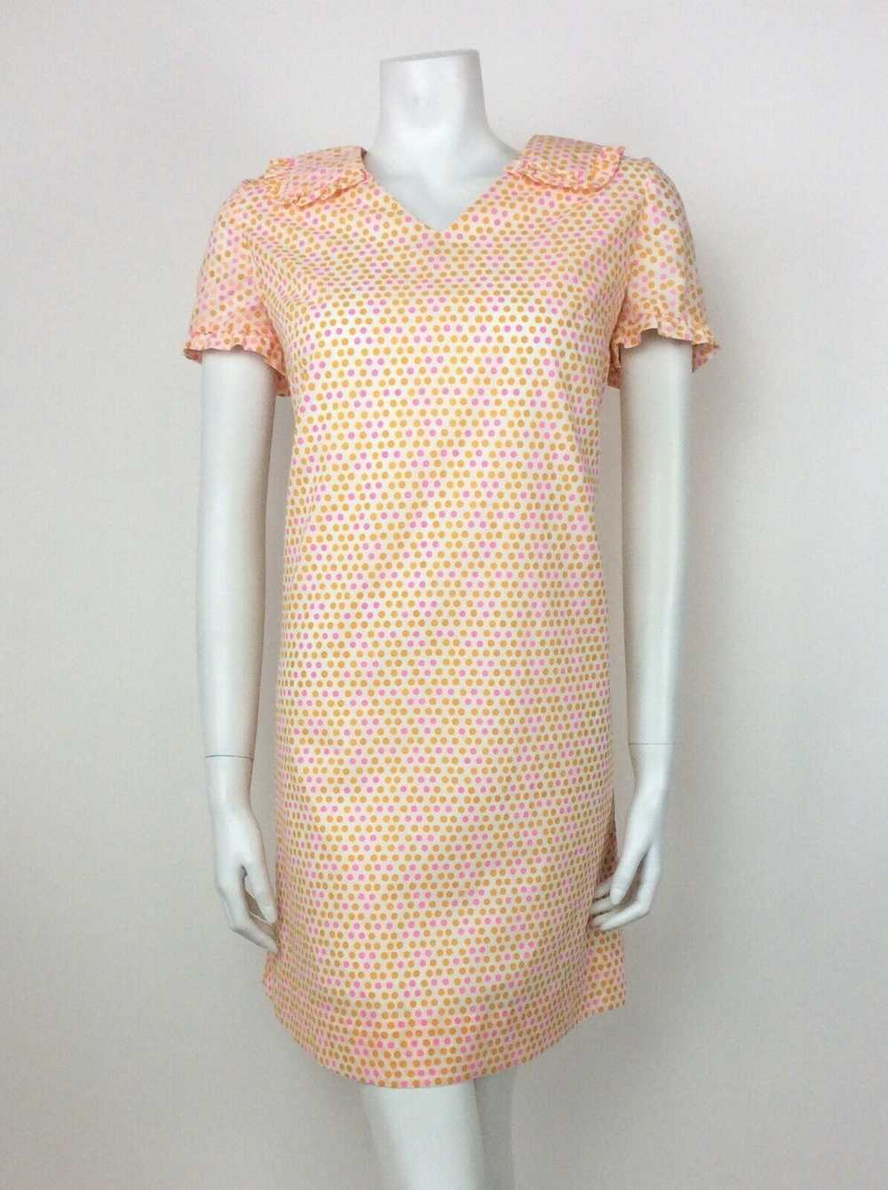 VTG 60s 70s ORANGE PINK WHITE POLKA DOT RUFFLE CO… - image 2