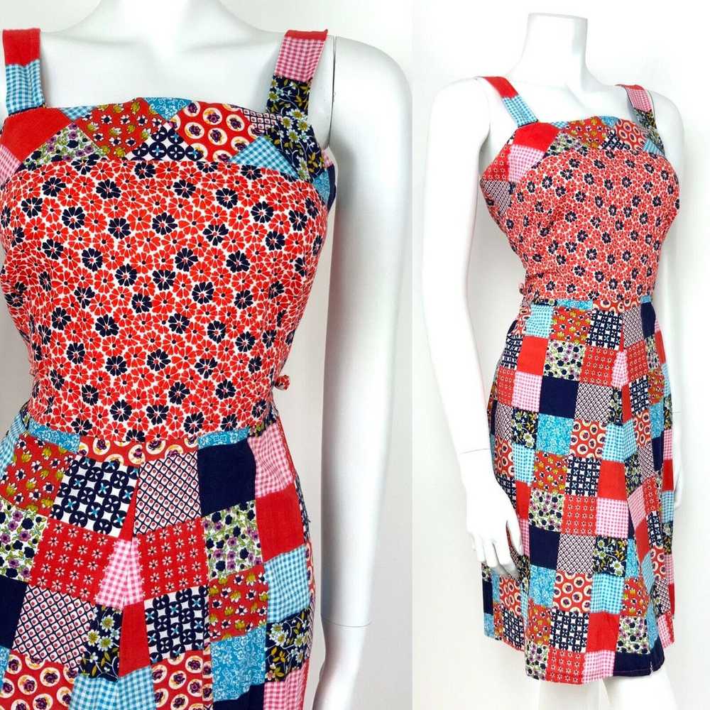 VTG 60s 70s RED BLUE WHITE PINK FLORAL PATCHWORK … - image 1