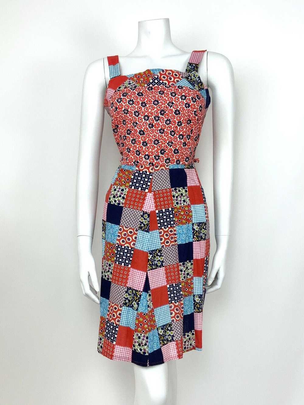 VTG 60s 70s RED BLUE WHITE PINK FLORAL PATCHWORK … - image 2