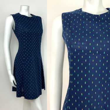 VTG 60s 70s A-LINE BLUE SUN DRESS FLORAL TULIP EM… - image 1