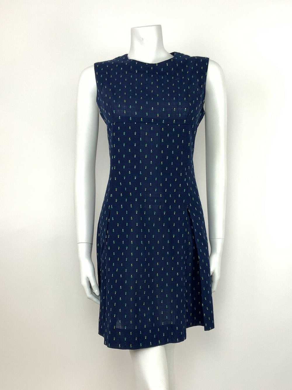 VTG 60s 70s A-LINE BLUE SUN DRESS FLORAL TULIP EM… - image 2