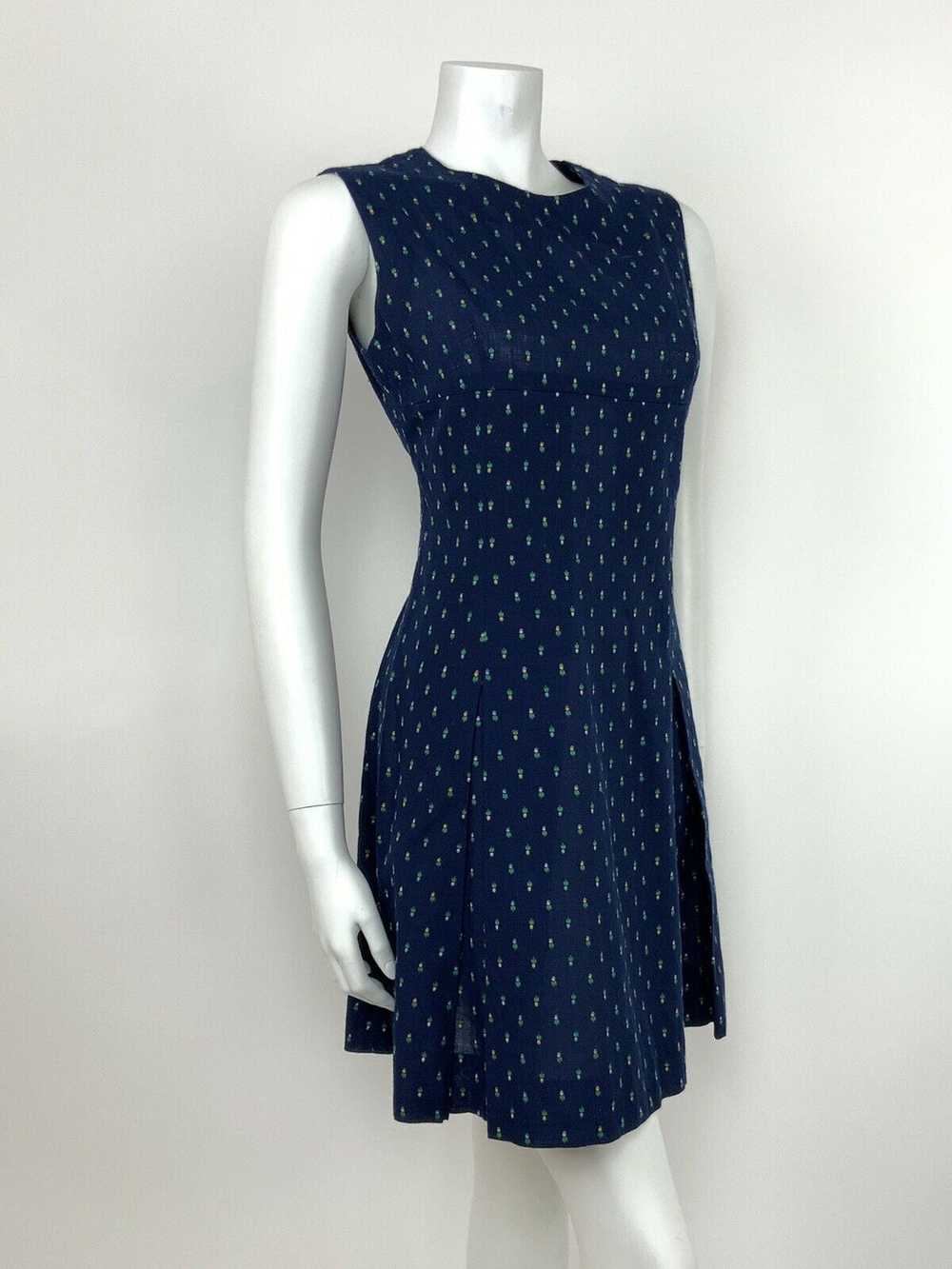 VTG 60s 70s A-LINE BLUE SUN DRESS FLORAL TULIP EM… - image 5