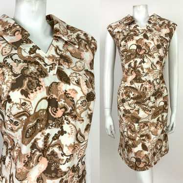 VTG 60s 70s WHITE BEIGE BROWN PINK FLORAL PAISLEY… - image 1