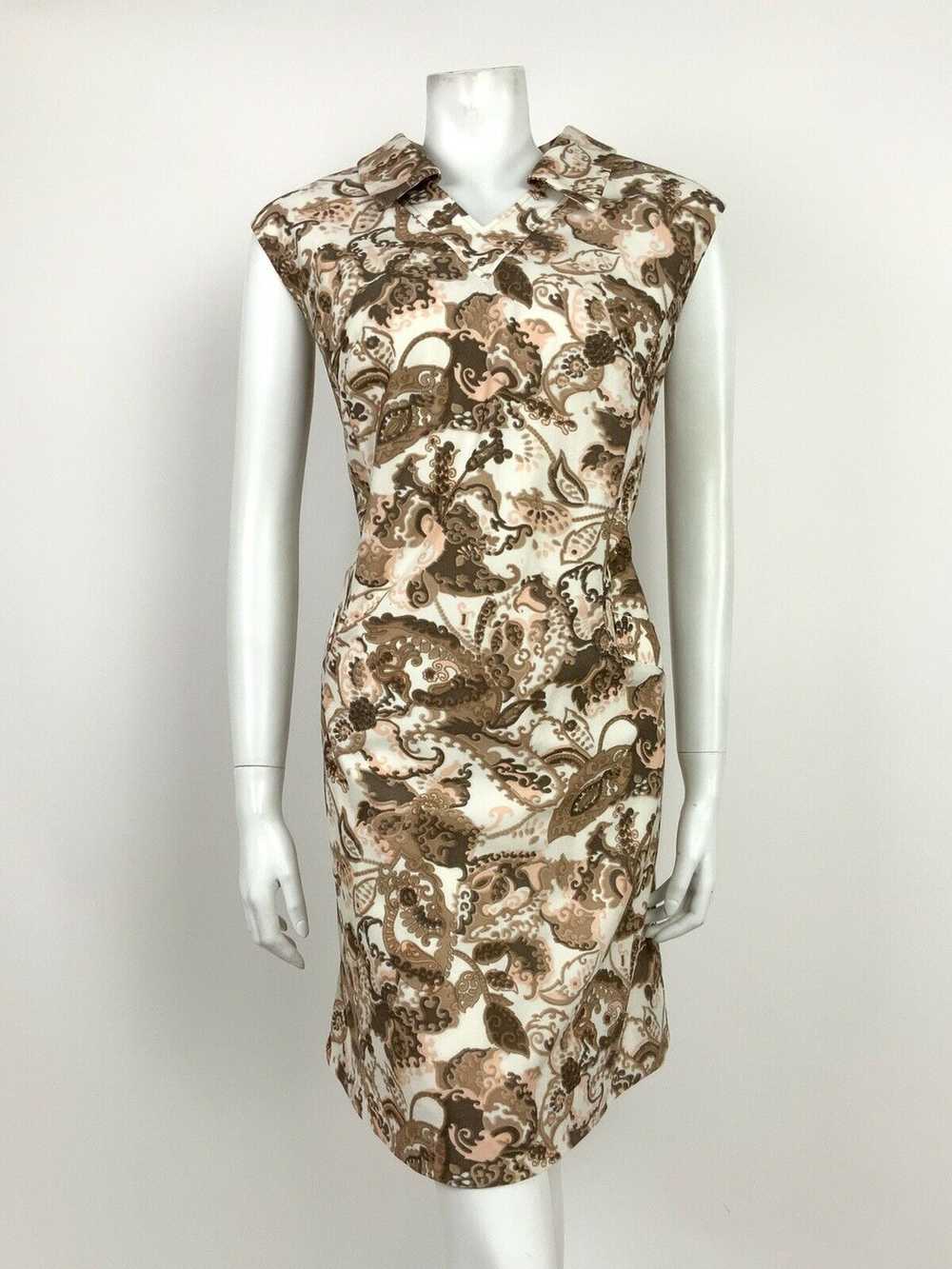 VTG 60s 70s WHITE BEIGE BROWN PINK FLORAL PAISLEY… - image 2