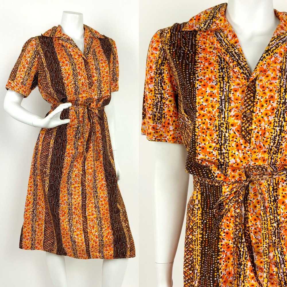 VINTAGE 60s 70s BROWN YELLOW ORANGE LILAC ABSTRAC… - image 1