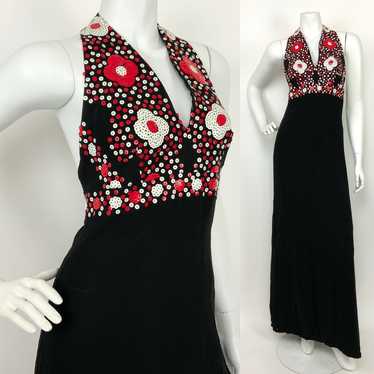 VTG 60s 70s BLACK RED WHITE SEQUIN DAISY FLOWER S… - image 1