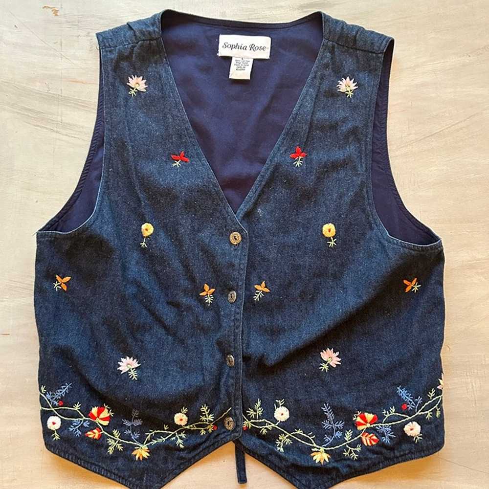 Vintage Denim Button Vest Embroidered Flowers Vne… - image 11