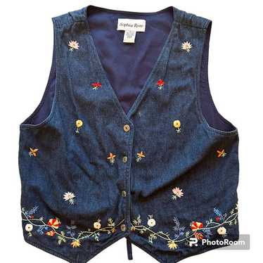 Vintage Denim Button Vest Embroidered Flowers Vne… - image 1