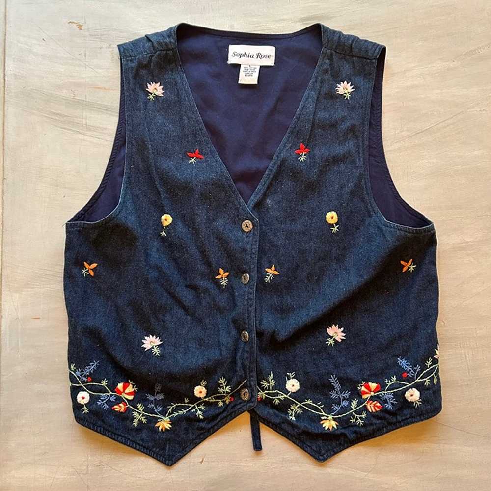 Vintage Denim Button Vest Embroidered Flowers Vne… - image 2