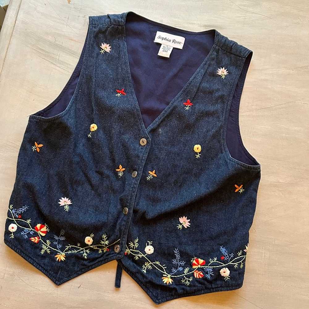 Vintage Denim Button Vest Embroidered Flowers Vne… - image 3