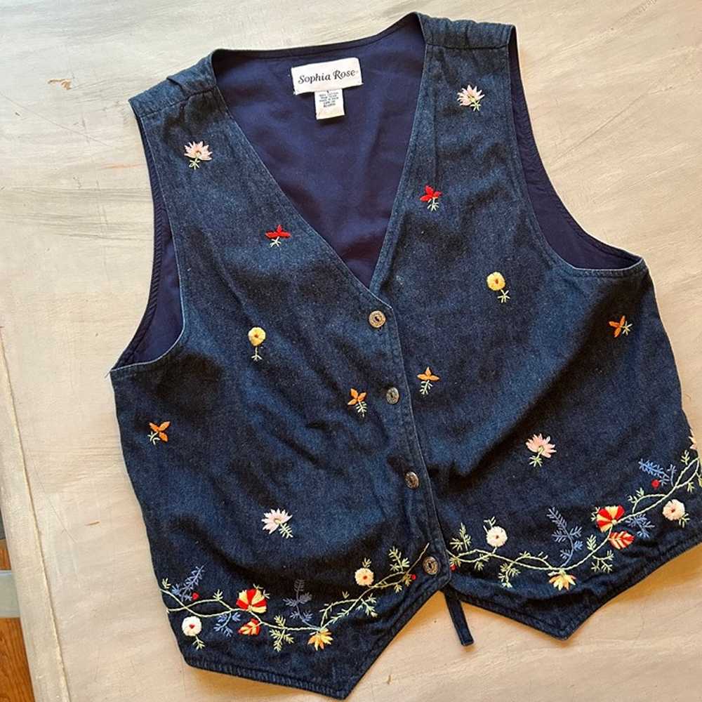 Vintage Denim Button Vest Embroidered Flowers Vne… - image 6