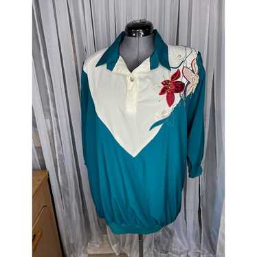 polo shirt 1980s color blocked floral teal maroon