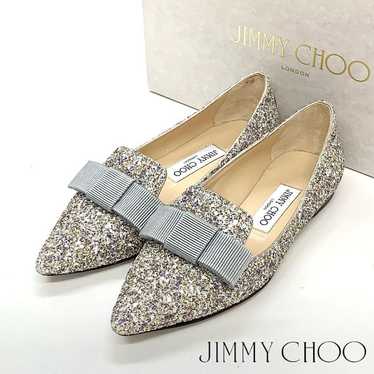 Jimmy Choo Gala Glitter Ribbon Flat Pumps Silver