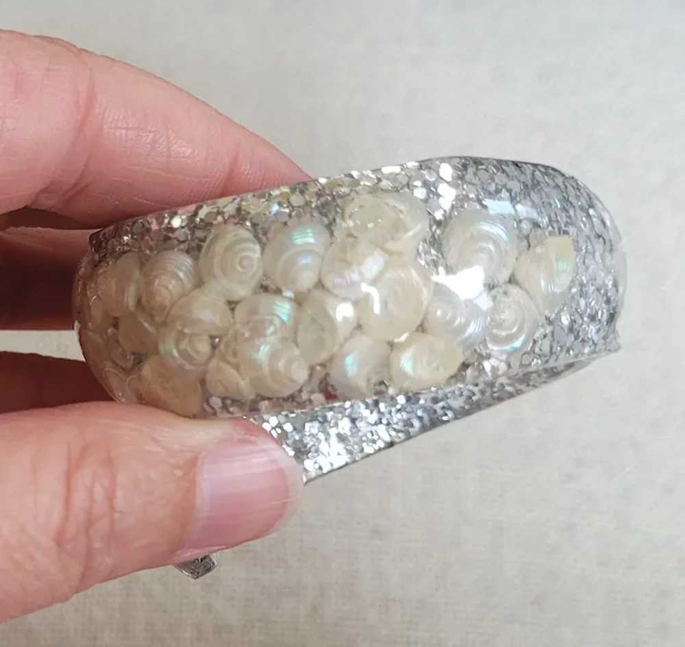 Lucite Clamper Bracelet with Shells and Silver Gl… - image 3