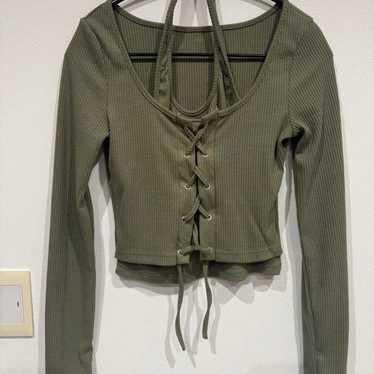 Vintage Khaki Y2K Long Sleeve Top Heisei Era Korea - image 1