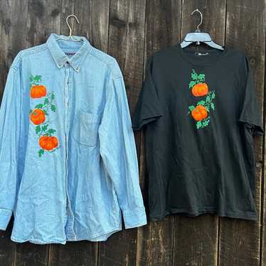 Vintage Jerzees Fall Pumpkin Denim Button Down an… - image 1