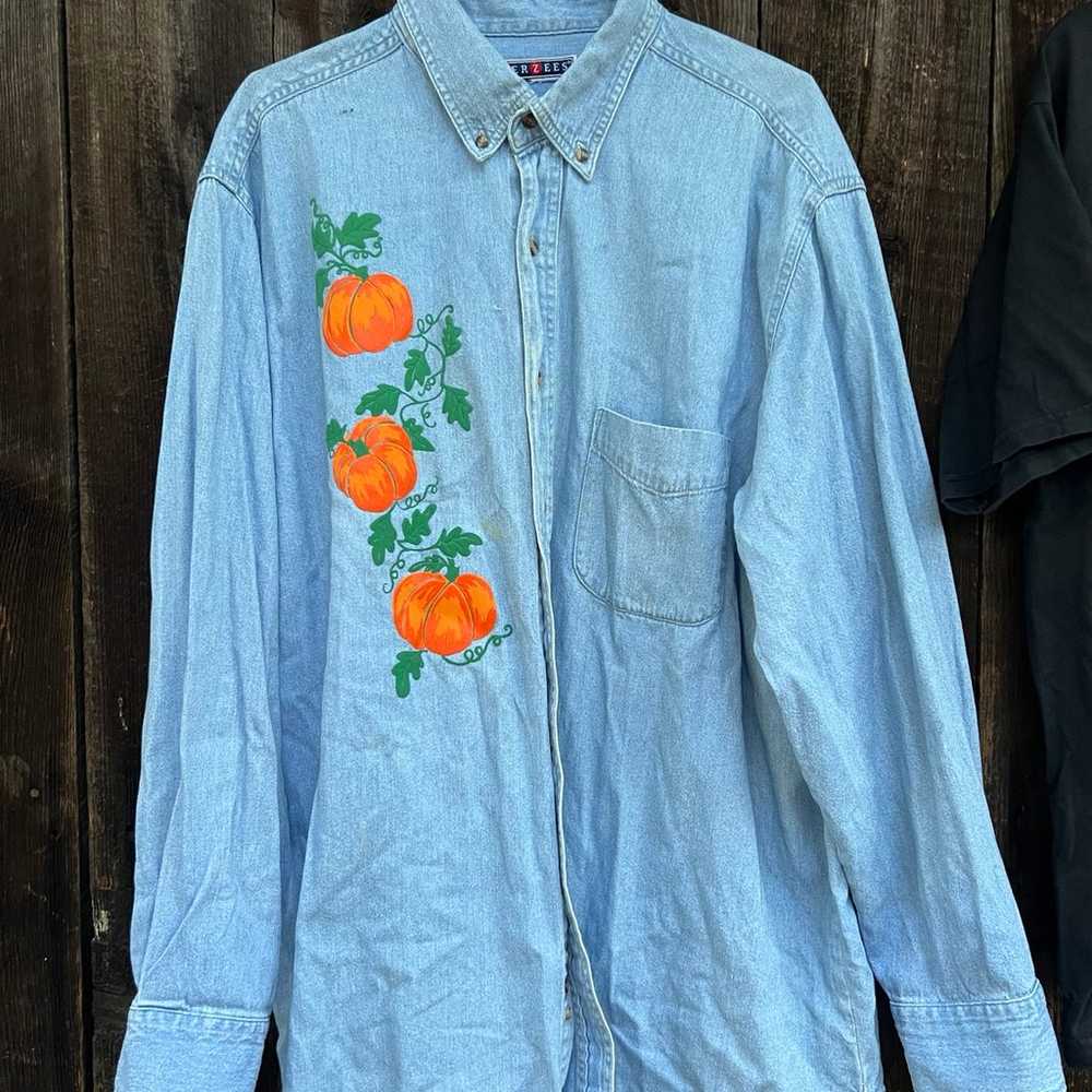 Vintage Jerzees Fall Pumpkin Denim Button Down an… - image 3