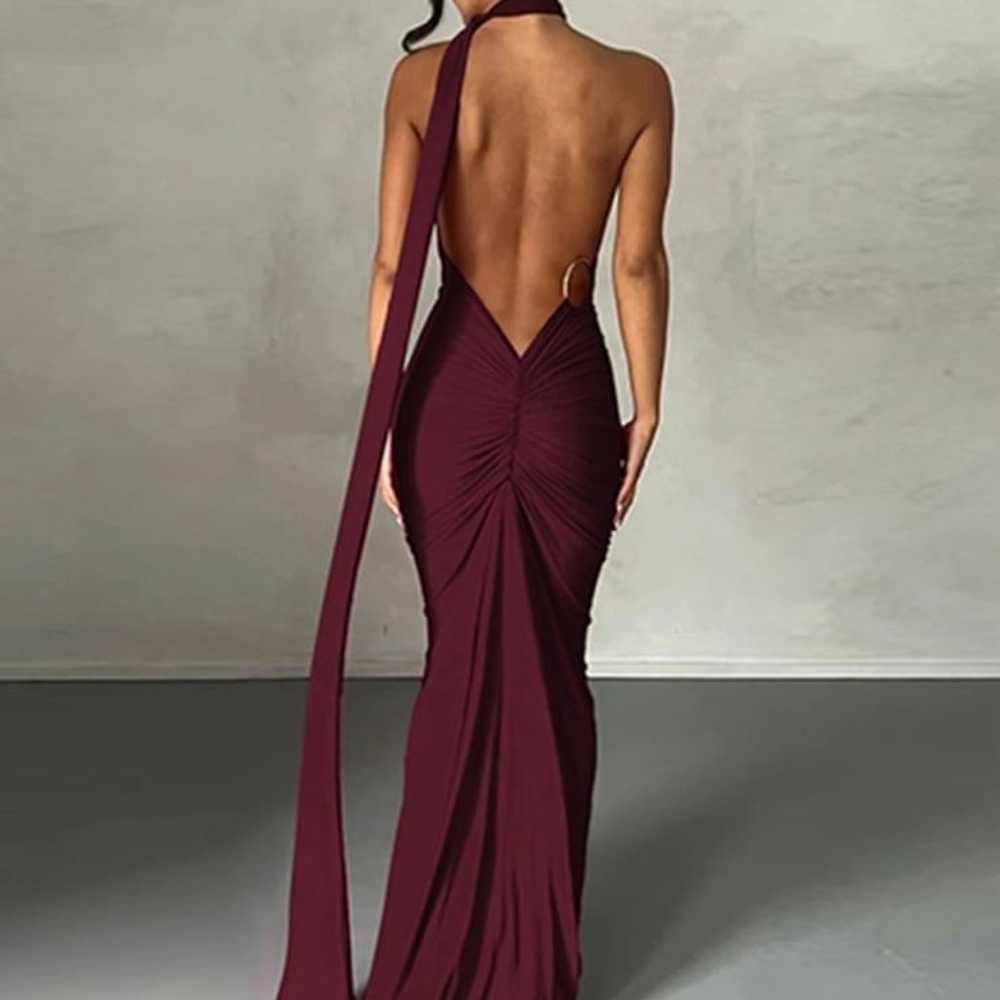 Sexy ruched backless burgundy dress - image 1