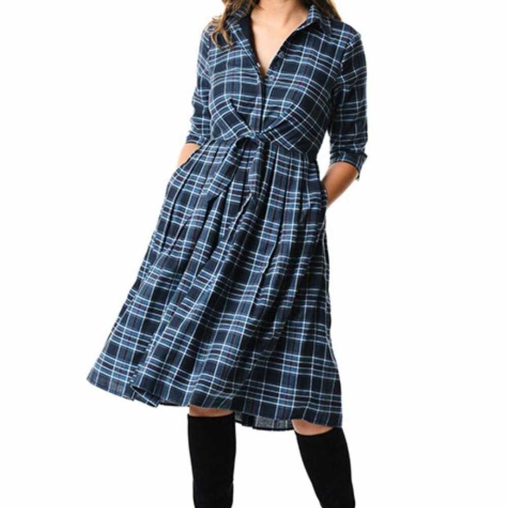 Plus size tie front cotton twill checkered shirtd… - image 1