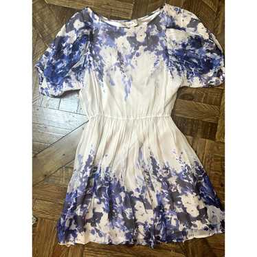 ECI Silk Watercolor Floral Blue and Cream Dress