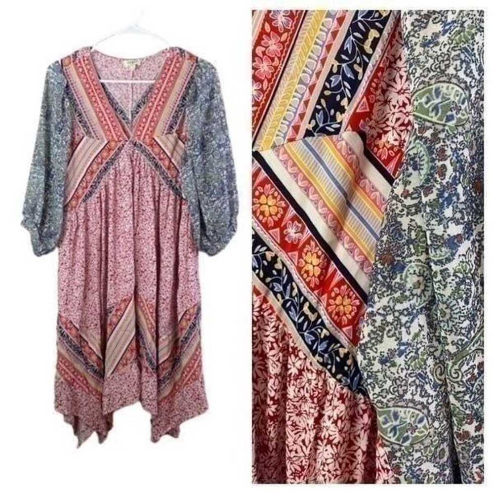 Umgee Mixed Print V Neck Boho Dress Size S - image 1