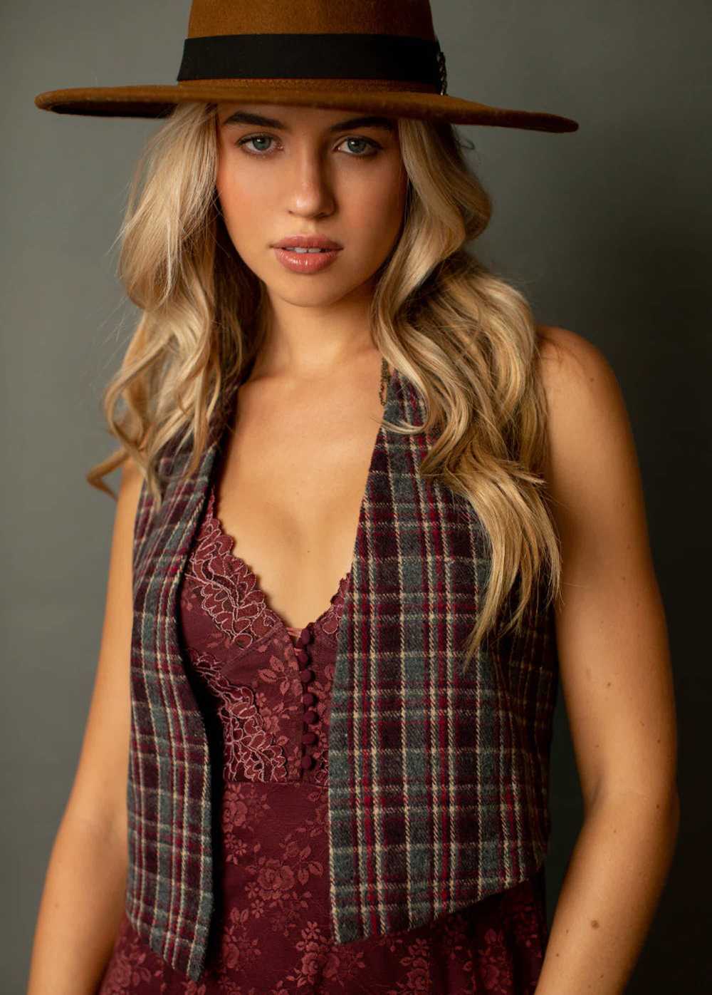 Joyfolie Mikah Vest in Plum Plaid - image 1