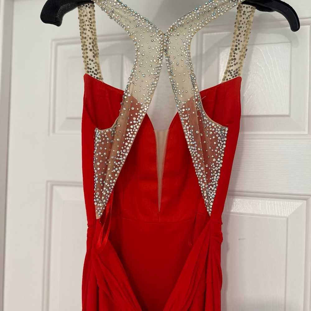 Red dress low back with rhinestone embellishment - image 4