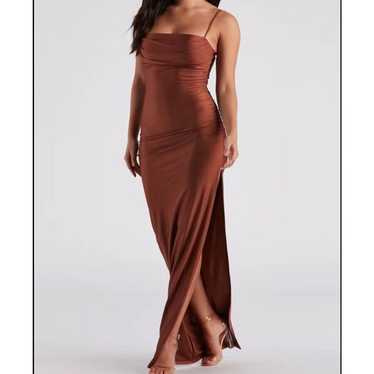 Windsor Brown Satin Long Formal Maxi Dress Leg Sl… - image 1