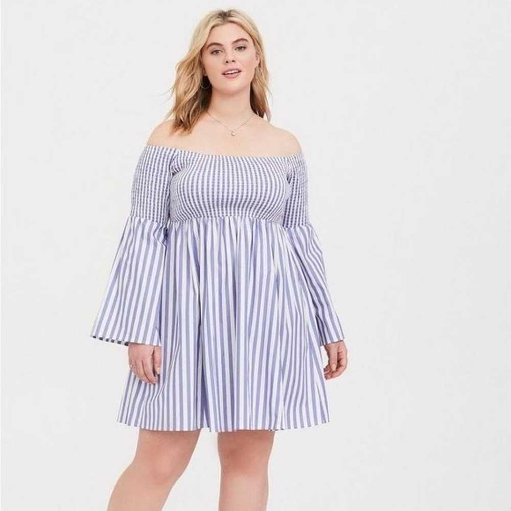 Torrid Blue White Stripe Smocked Mini Skater Dres… - image 1