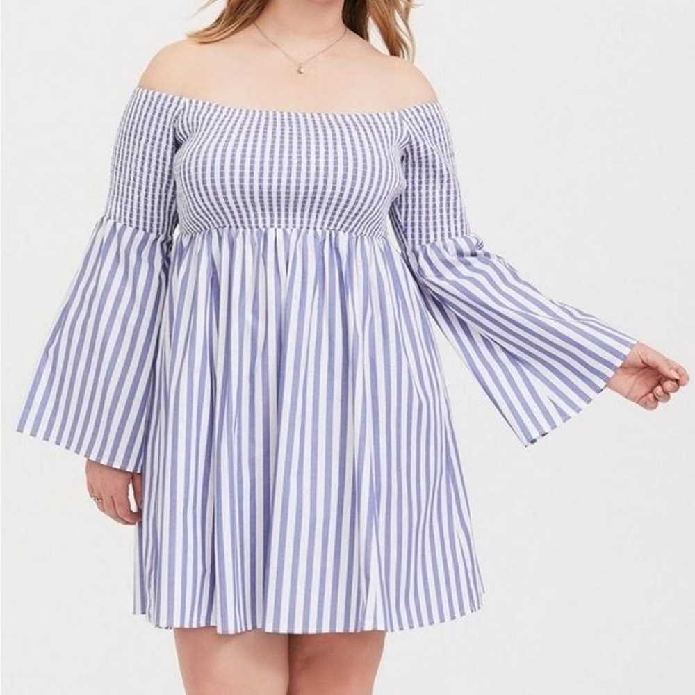 Torrid Blue White Stripe Smocked Mini Skater Dres… - image 2